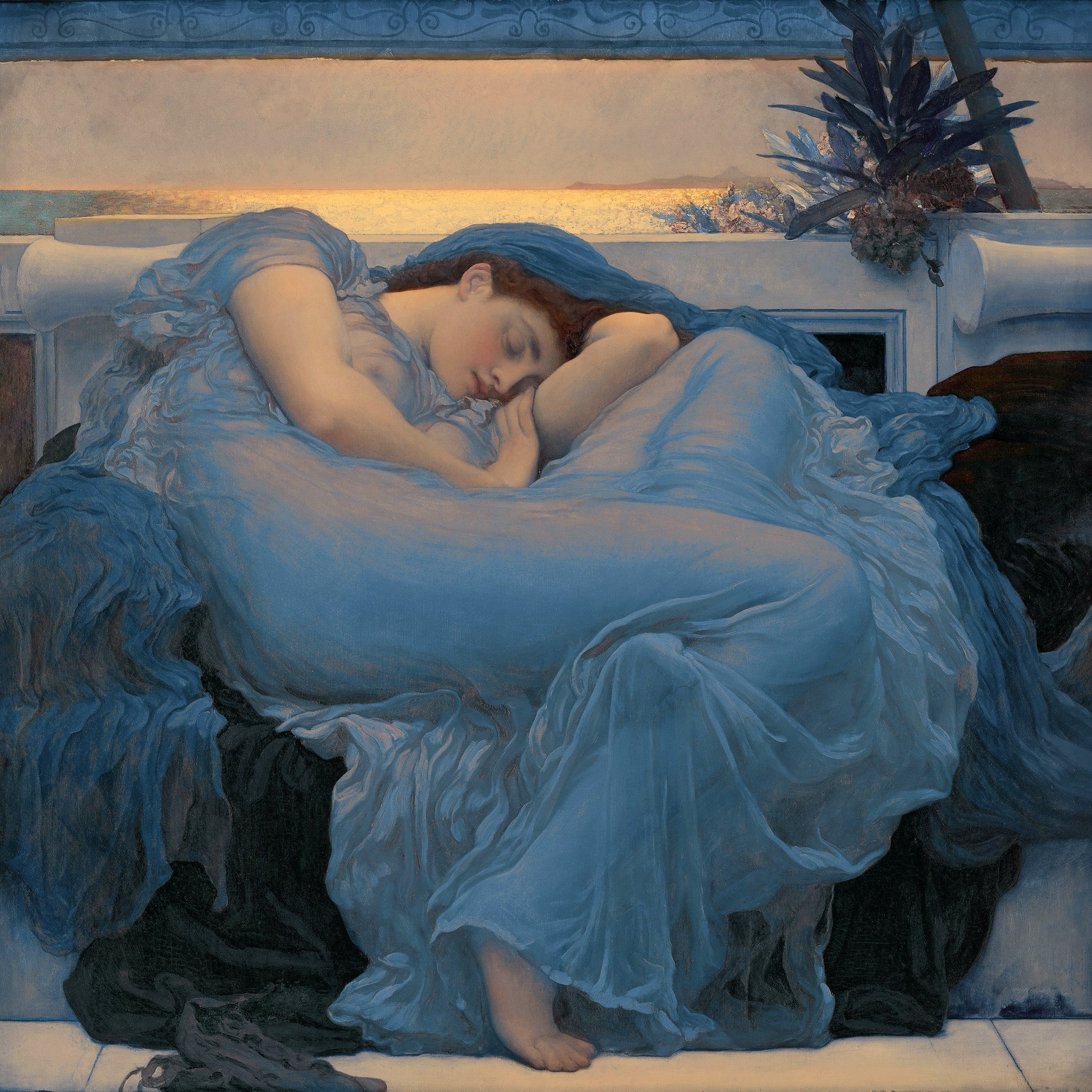 Too Late for June after Flaming June by Lord Frederic Leighton, a vintage painting featuring a serene woman in a blue dress, inspired by Victorian aesthetics and classical elegance with a humorous twist.