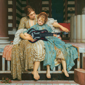 Guitar Hero Music Lesson by Frederic Leighton (1877), a vintage painting showing a classical music lesson between a teacher and student, featuring serene drapery, intimate guidance, and neoclassical architecture with warm colors.