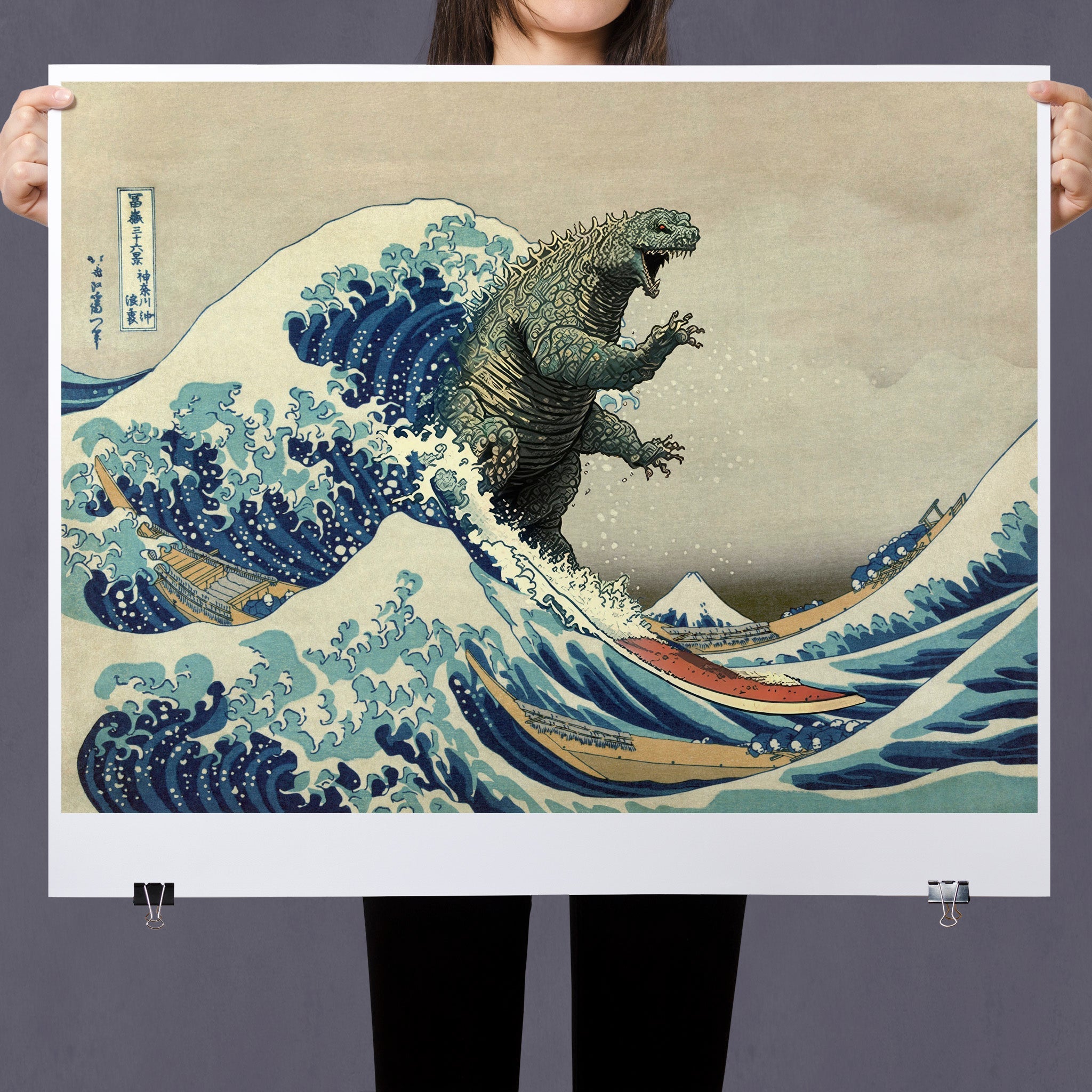 Godzilla Rides the Great Wave | Whimsical Altered Art | Blue
