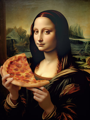 A digitally altered Renaissance-style painting in the style of Leonardo da Vinci's Mona Lisa, depicting the iconic figure holding a large slice of pepperoni pizza with both hands. The original composition's sfumato atmospheric landscape background, period clothing, and enigmatic expression are retained, with the modern pizza slice serving as a humorous anachronistic centerpiece.