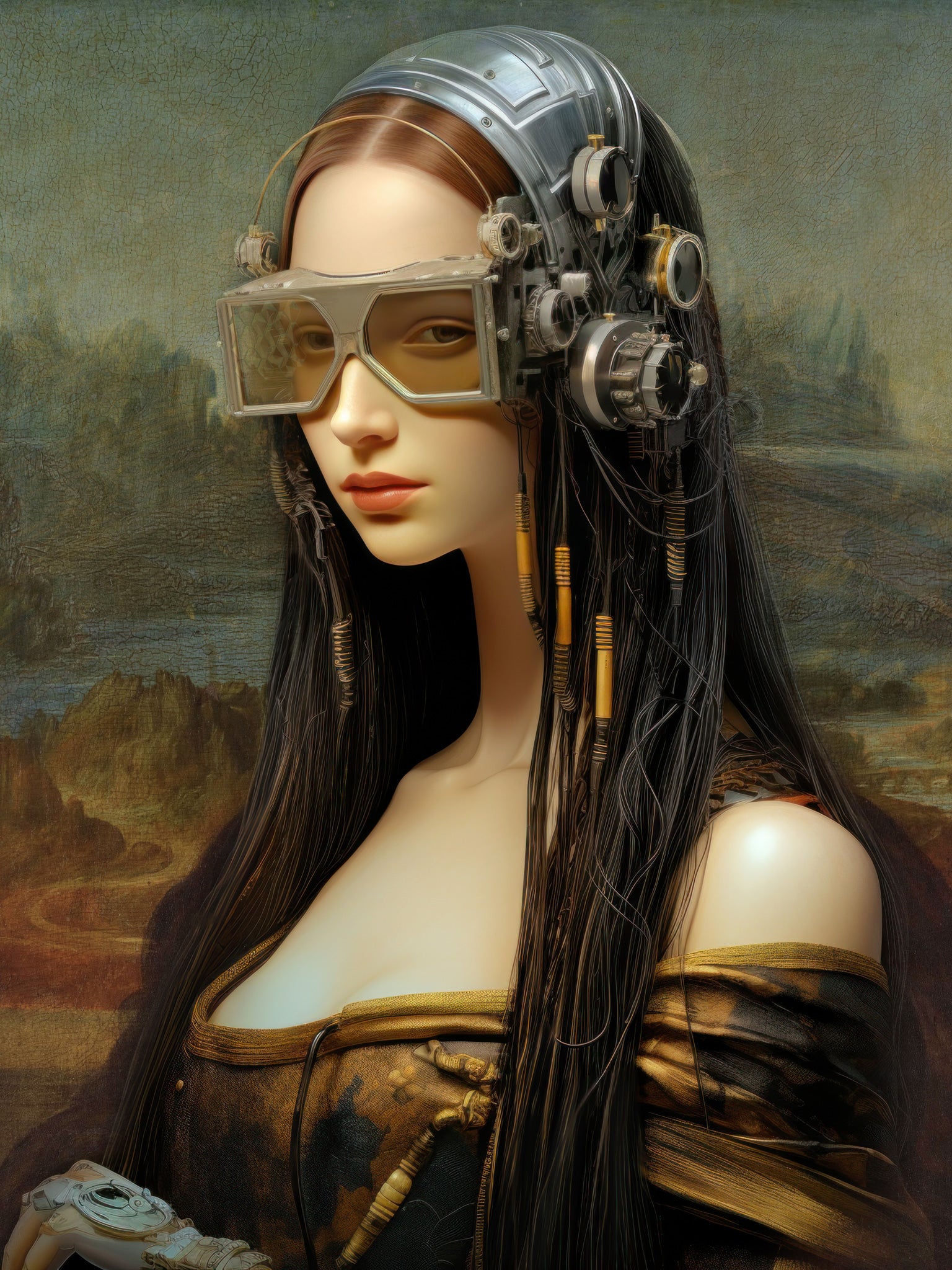 Hyper-realistic 3D digital art print of the Mona Lisa wearing a futuristic chrome helmet, translucent tech goggles, and a cyberpunk headset with mechanical lenses and wires woven through her dark hair, set against the original Renaissance landscape background, with her classic gold-trimmed dress intact.