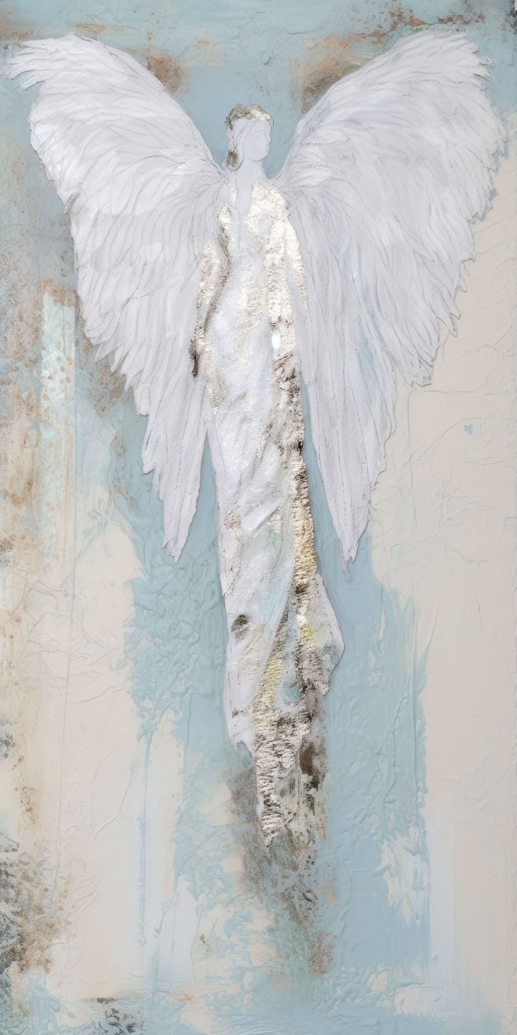 Modern abstract art depicting a celestial angel with textured white wings, capturing themes of peace, hope, and serenity in soft gray, silver, and blue tones.