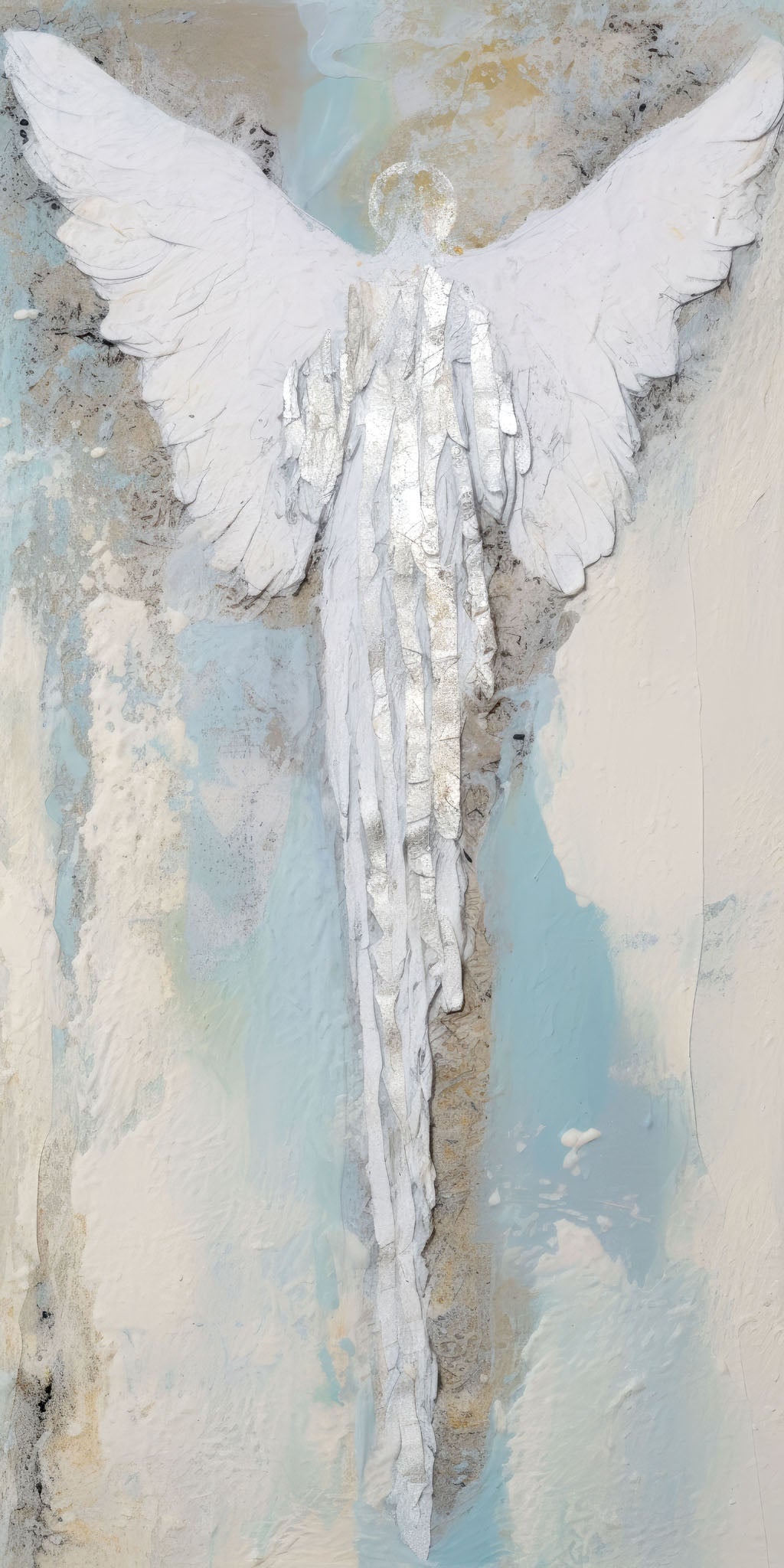 Modern abstract sculpture of a celestial angel with textured white wings, set in calming gray and silver tones, symbolizing peace, hope, and spiritual guidance.