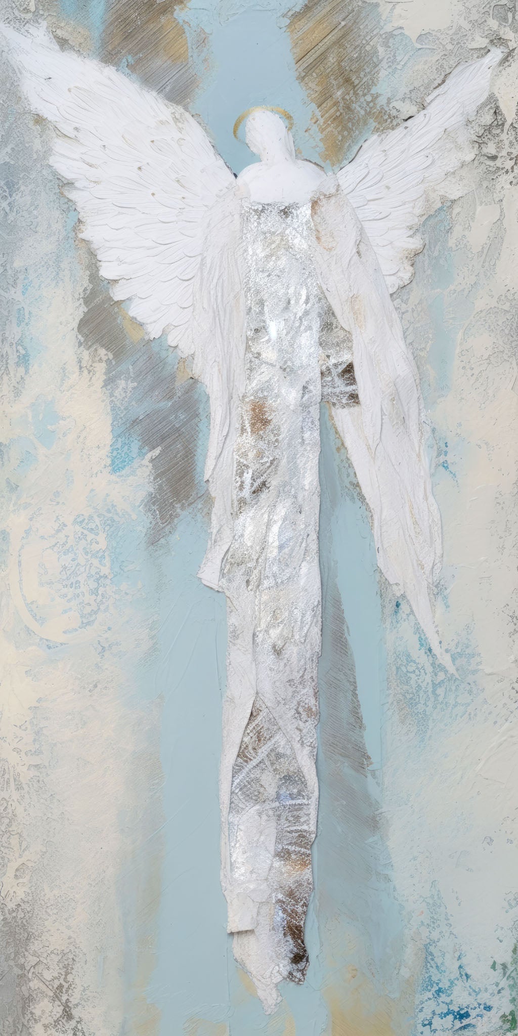 Modern abstract sculpture of a celestial angel with white wings, featuring a textured background in soft gray and silver, symbolizing serenity, hope, and divine beauty.