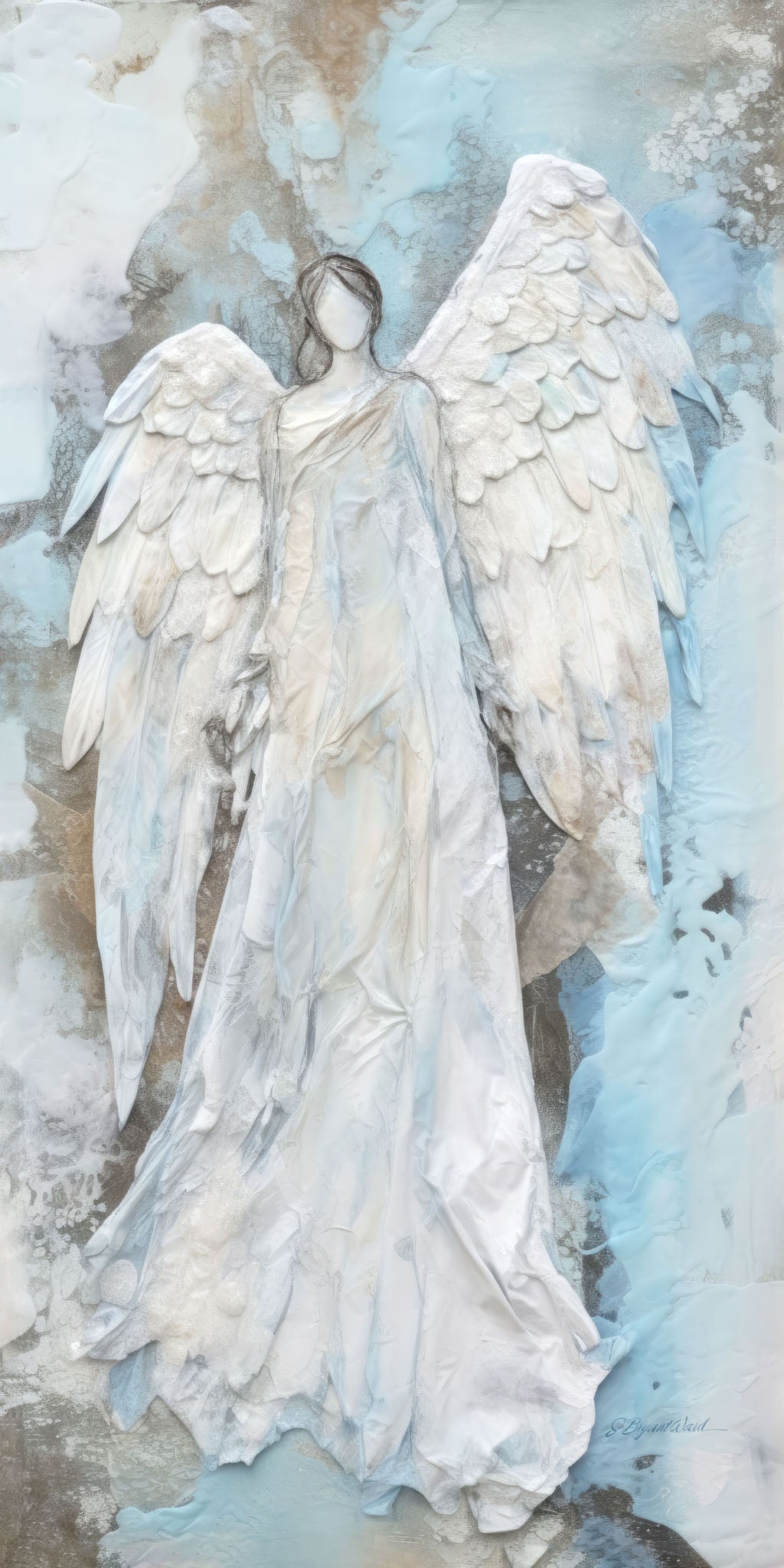 Modern abstract art depicting a graceful angel in a flowing gown with feathered wings, rendered in a serene palette of gray, silver, and blue, symbolizing tranquility and divine beauty.