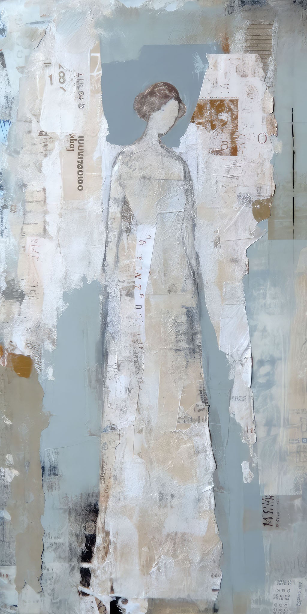 Modern mixed media collage depicting an angelic figure crafted from paper scraps, featuring textured elements and a serene palette of gray, silver, white, and blue, symbolizing creativity and tranquility.