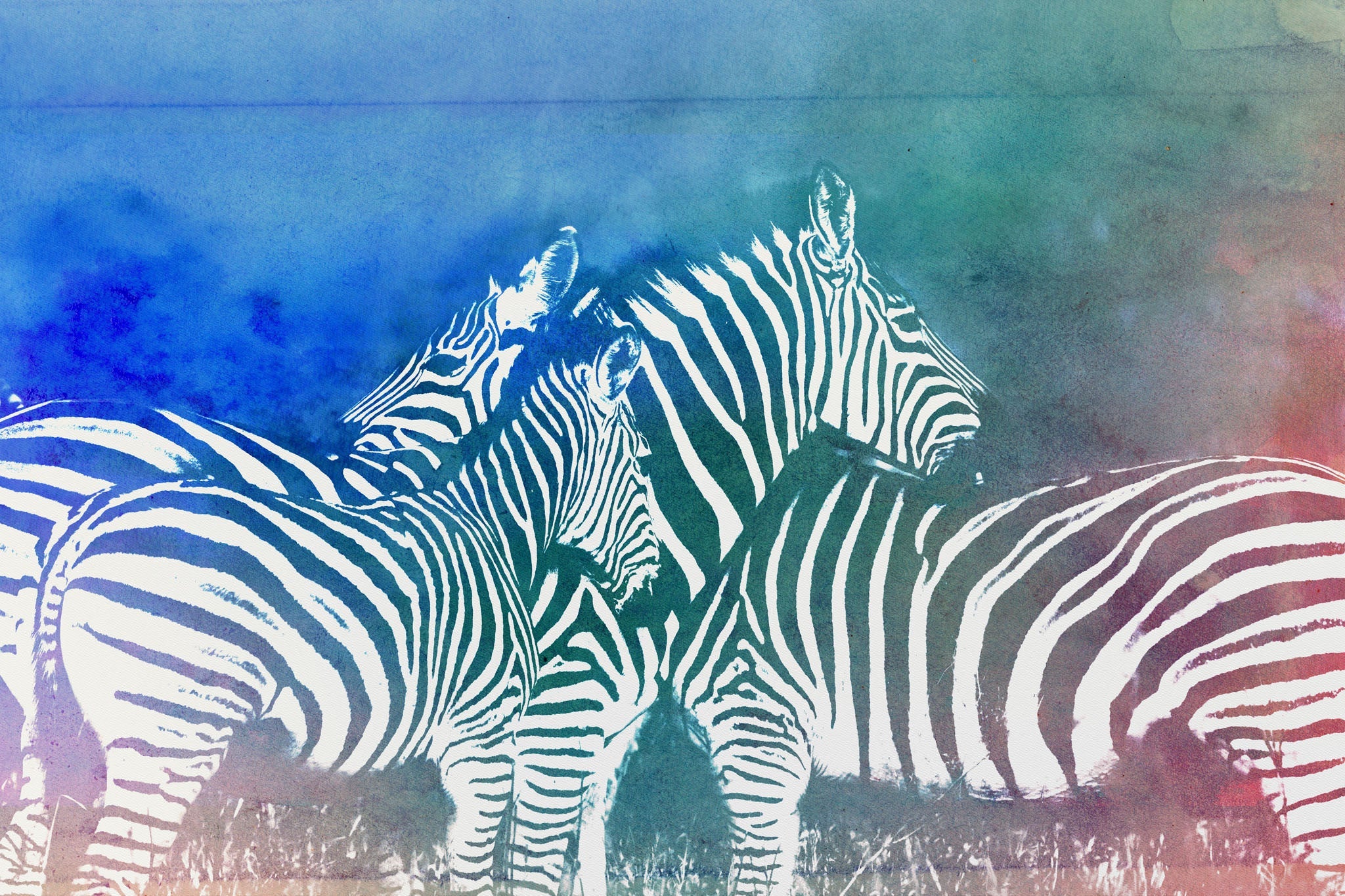 A vibrant depiction of a zebra family grazing in the savannah, celebrating wildlife and togetherness.