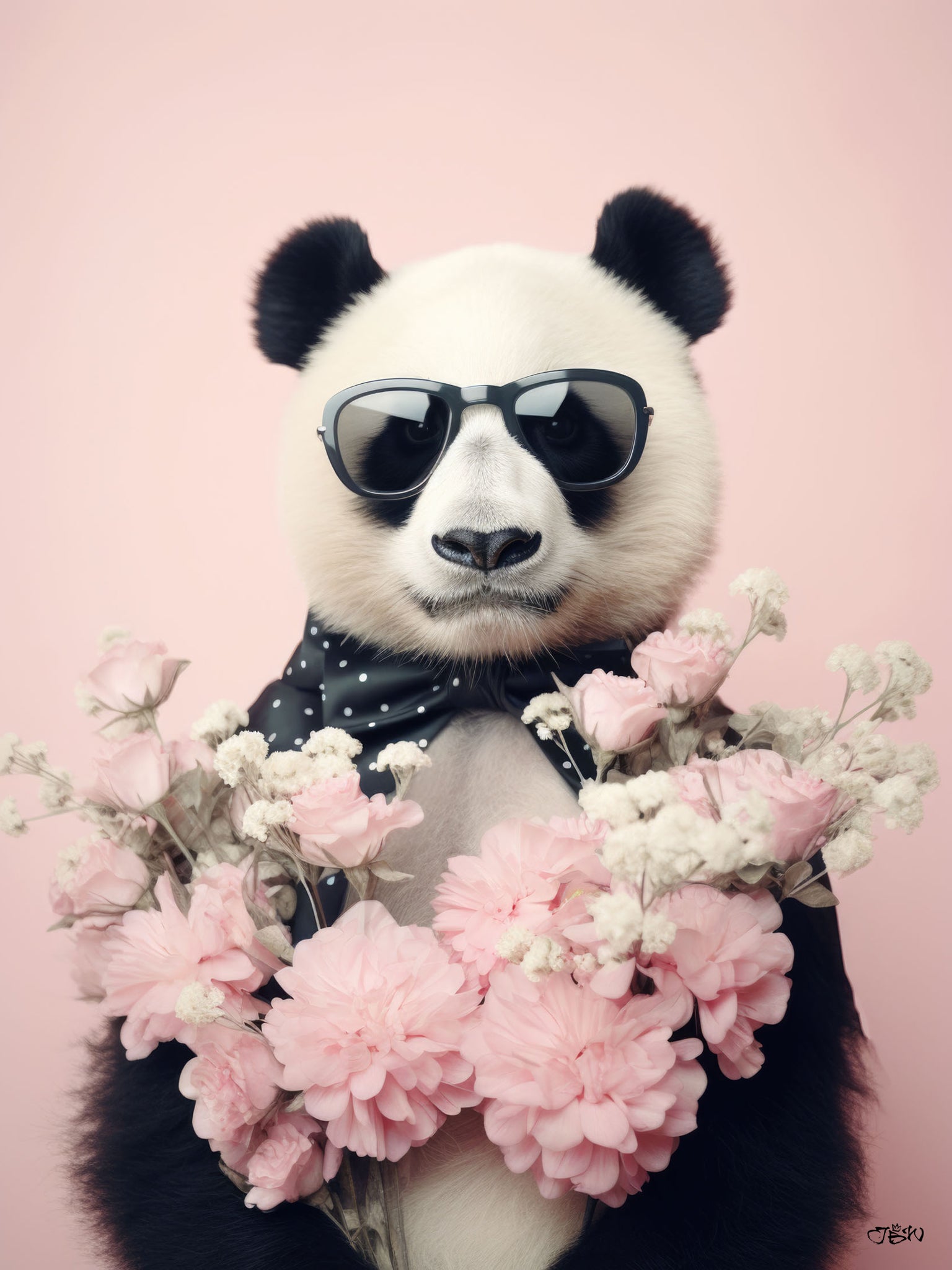Stylized photorealistic panda wearing dark aviator sunglasses and a black polka-dot neck scarf, holding a large bouquet of soft pink peonies and white baby's breath, against a pastel pink background, in a vertical portrait composition.
