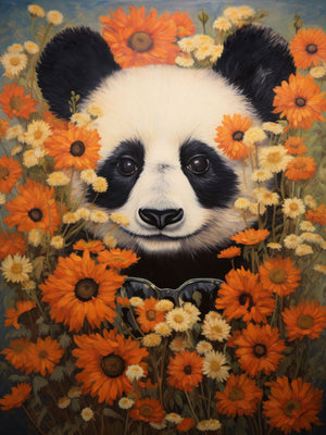 Anthropomorphic panda surrounded by sunflowers and daisies on a bright, sunny day. Warm orange, yellow, black, and white tones evoke nature’s peaceful beauty.