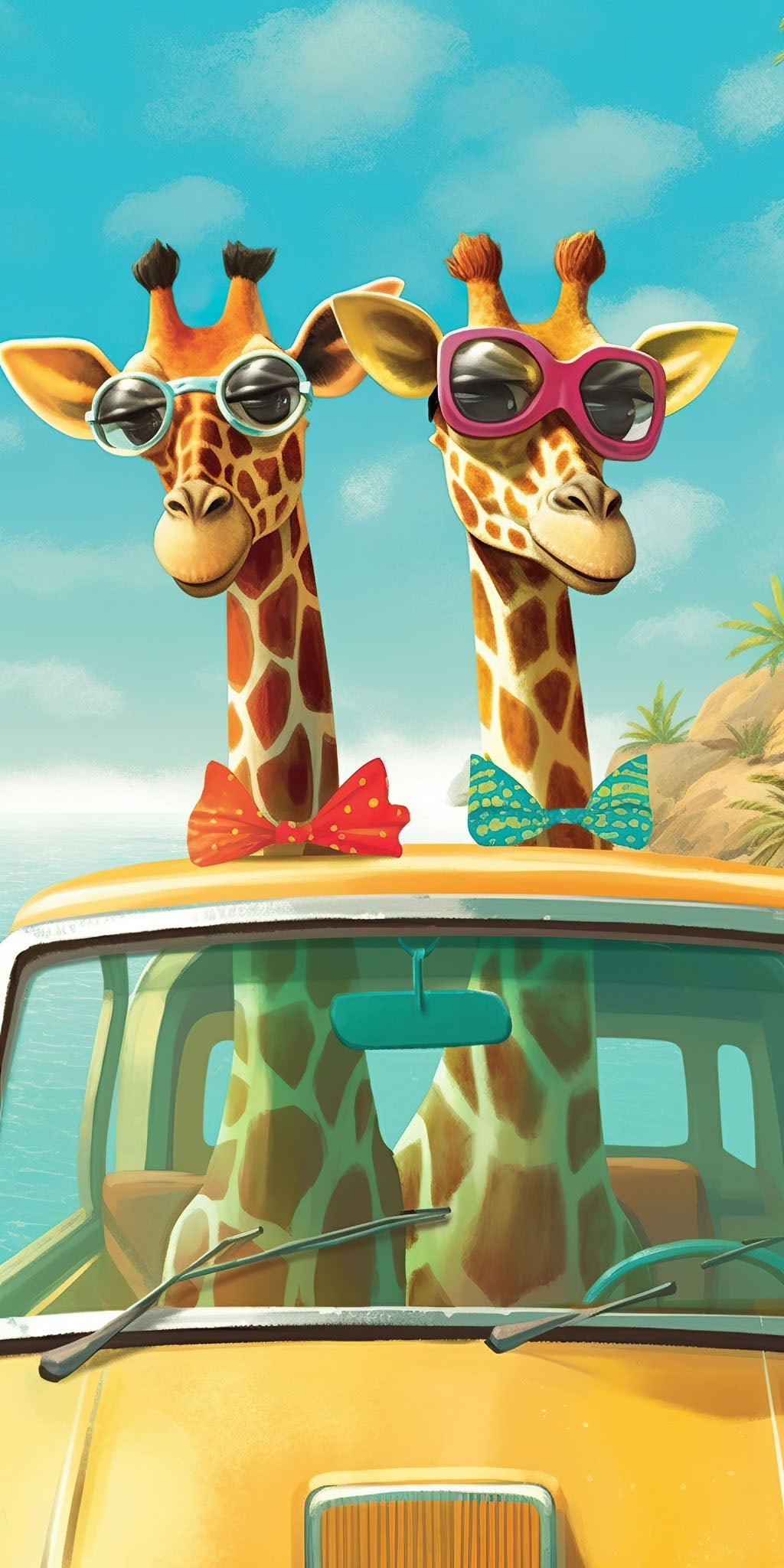 Whimsical art featuring two giraffes in sunglasses and a bowtie, enjoying a cheerful summer vacation under a bright blue sky, perfect for animal lovers and travel enthusiasts.