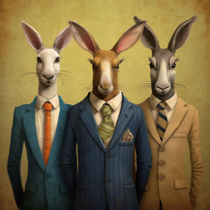 Bunny Business, a whimsical digital art piece featuring anthropomorphic rabbits in formal suits, showcasing humorous and stylish attire in a professional setting with a creative and imaginative design.