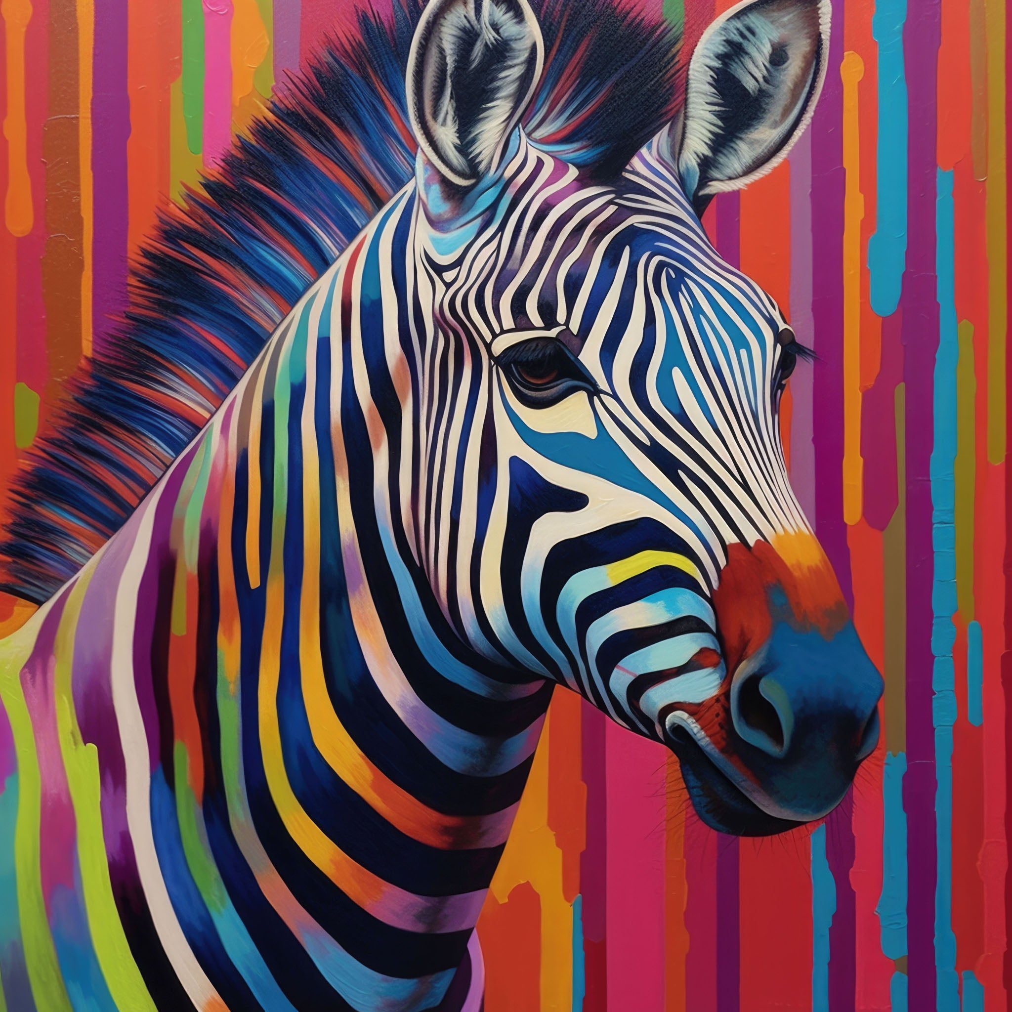 Technicolor Zebra, a vibrant artwork featuring a multicolored zebra with bold, abstract stripes, showcasing cheerful and radiant patterns in a whimsical and modern design.