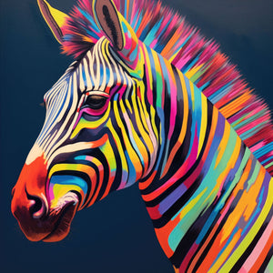 Technicolor Zebra II, a vibrant and imaginative portrait of a zebra with multicolored stripes, featuring bold and abstract design elements in a striking and contemporary style.