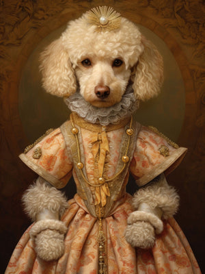 Whimsical portrait of a golden doodle in regal attire with a pearl-studded ruff collar, jewelry, and floral patterns. Retro vintage style in rose gold, bronze, and beige.