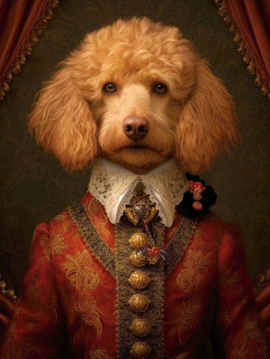 Royal Golden Doodle Charles in aristocratic vintage attire. A golden doodle dressed regally with ornate details, blending humor and elegance.