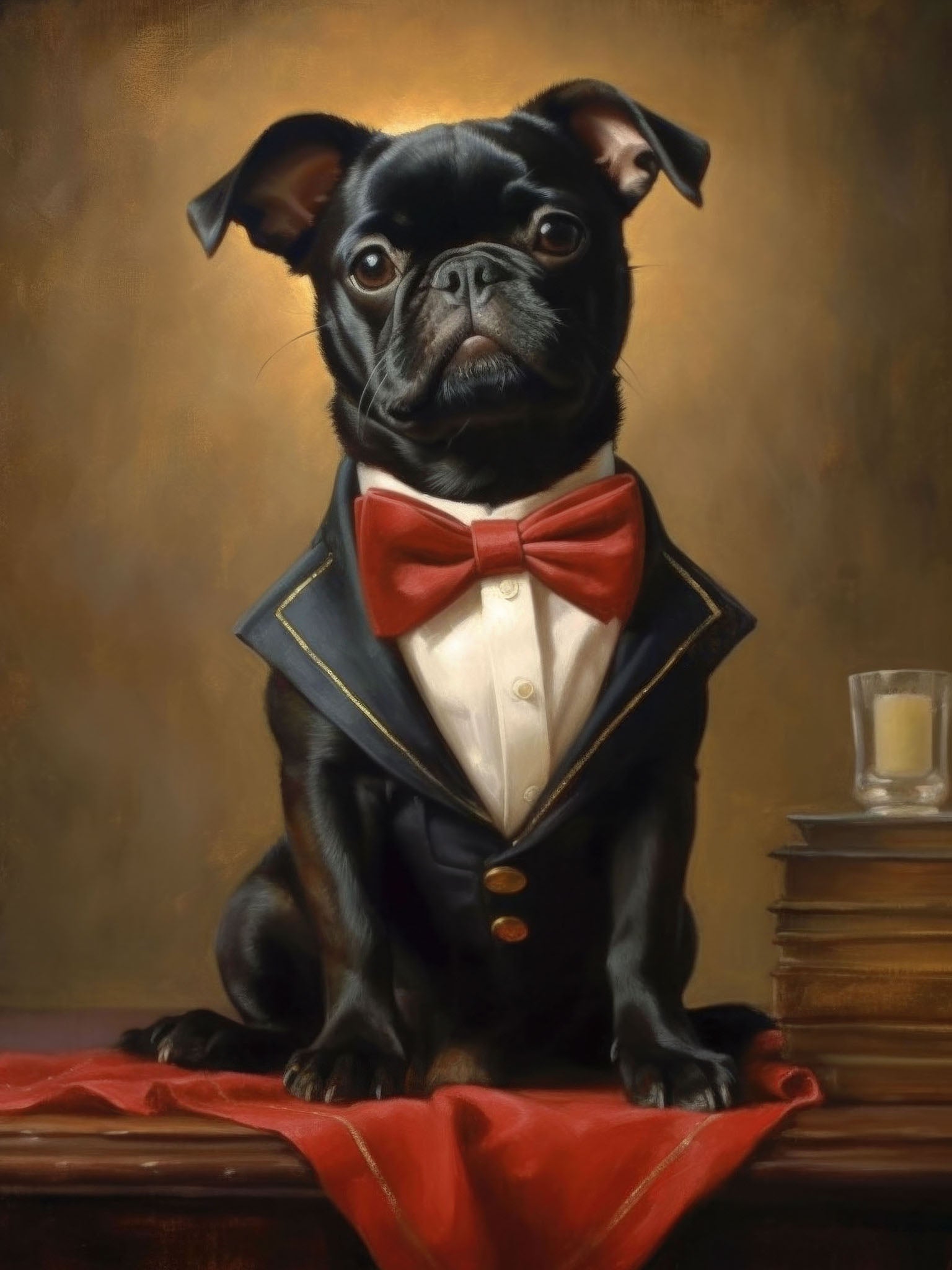 Elegant dog Reggie in formal attire with a bow tie, seated at a table. A whimsical vintage portrait blending humor and sophistication.