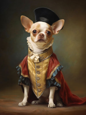 Elegant Chihuahua in traditional attire with a hat and cape, featuring a whimsical and regal character in a vintage-style portrait.