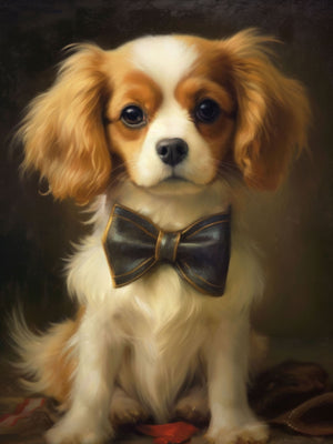 Elegant Cavalier Spaniel in a bowtie with expressive eyes, featured in a warm, vintage-style portrait with nostalgic and regal charm.