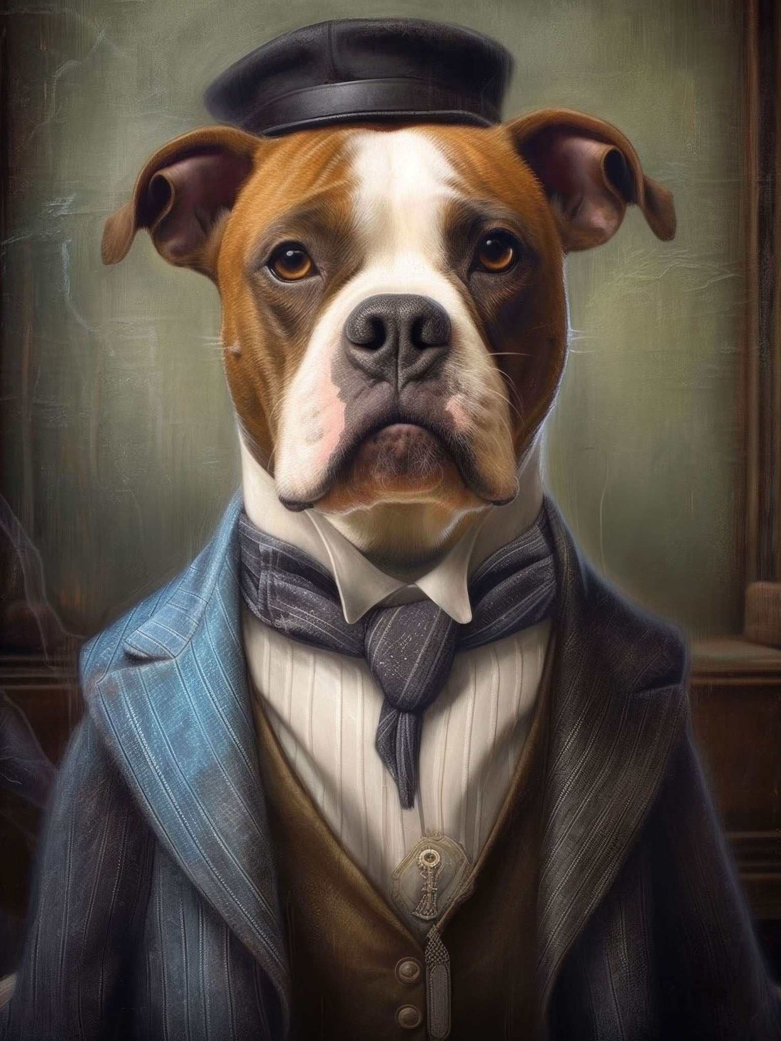 Dignified dog in a bowler hat and suit with a serious expression, portrayed in a vintage-style painting that combines elegance and humor.