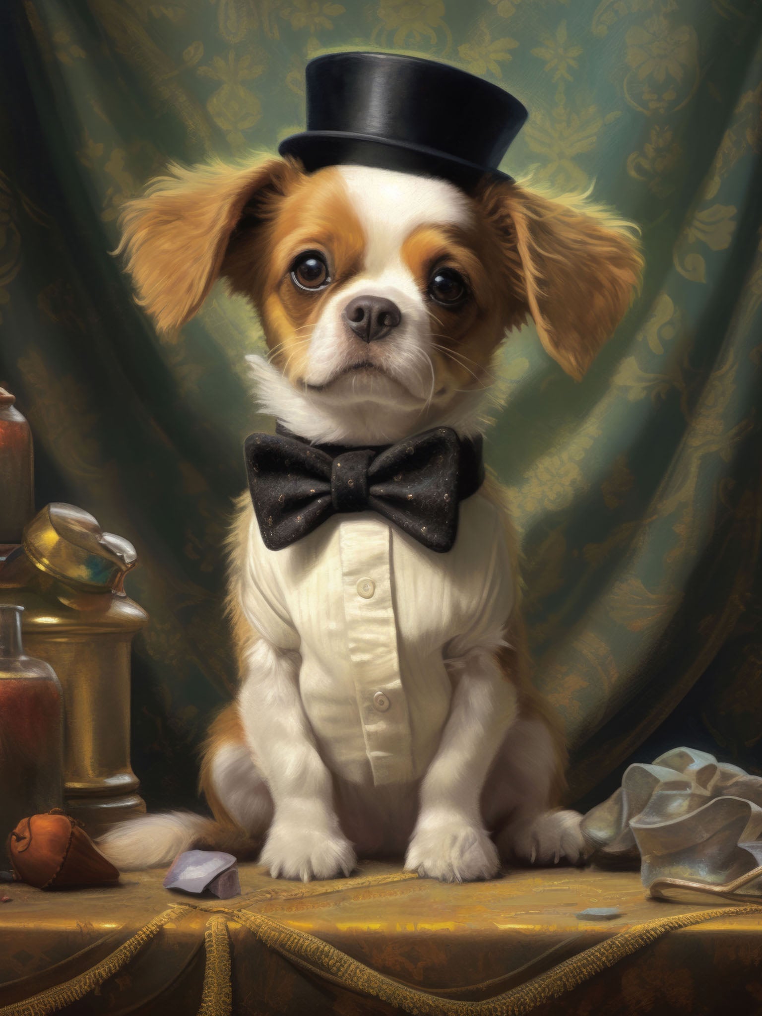 Vintage portrait of a dog in a top hat and bowtie, seated with a dignified expression, captured in a charming, formal style.