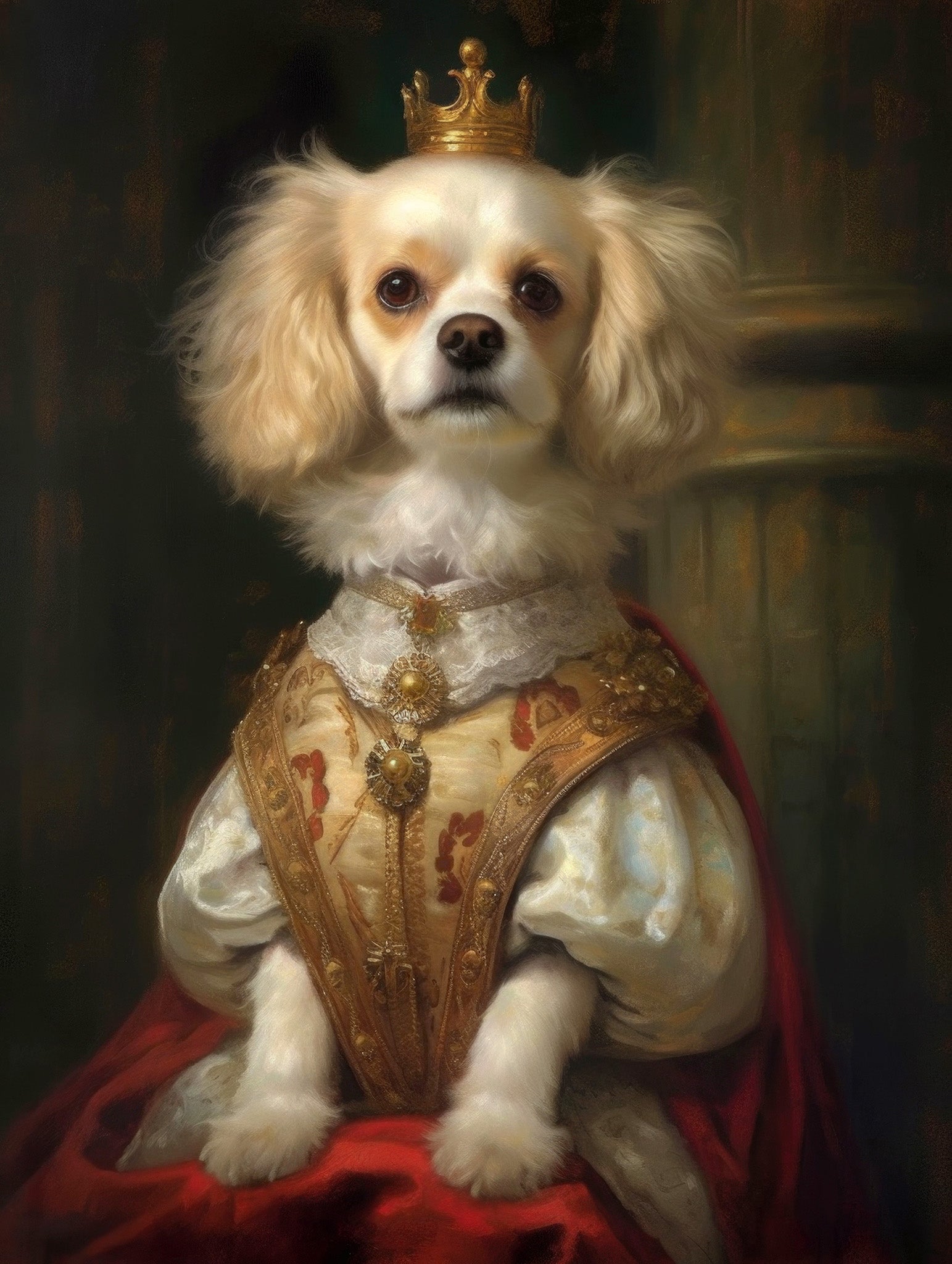 Regal portrait of a Cavalier Spaniel in a crown and royal robe, seated on a throne with gold and velvet details.