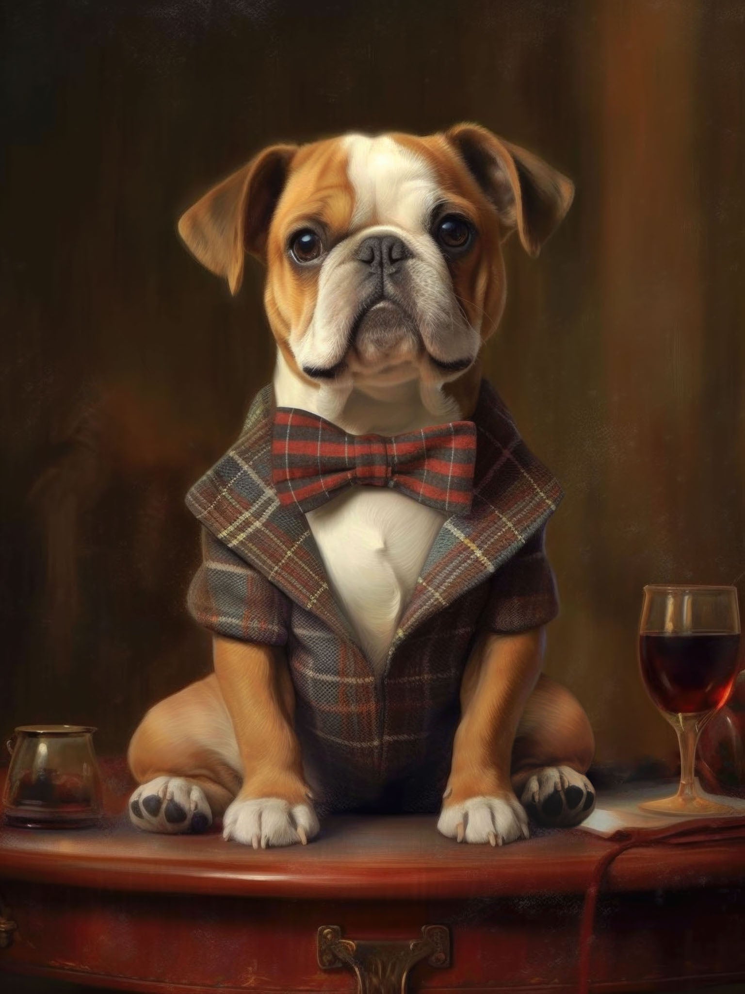 Elegant bulldog in a tie and blazer, seated with a wineglass on a table, vintage-style portrait with warm tones and sophisticated details.