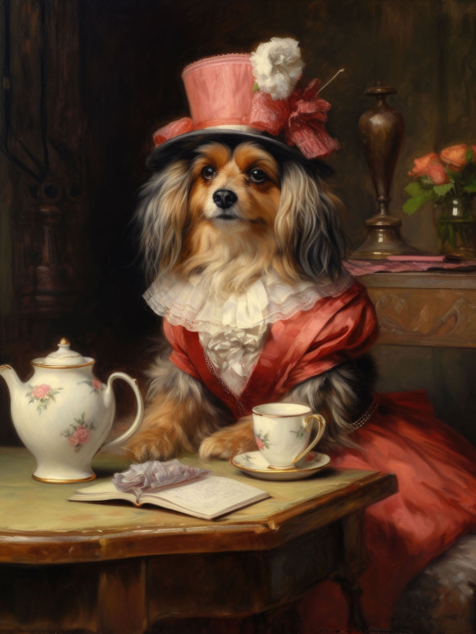 Elegant canine in vintage attire with a top hat, seated at a table with tea time accessories, including a teapot and cup, in a charming, warm-toned portrait.