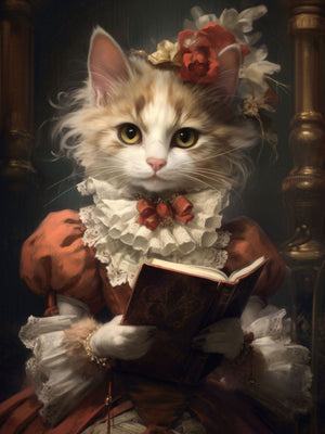 Elegant anthropomorphic cat in vintage dress with floral headdress, reading a book, detailed lace collar, and charming, refined expression.