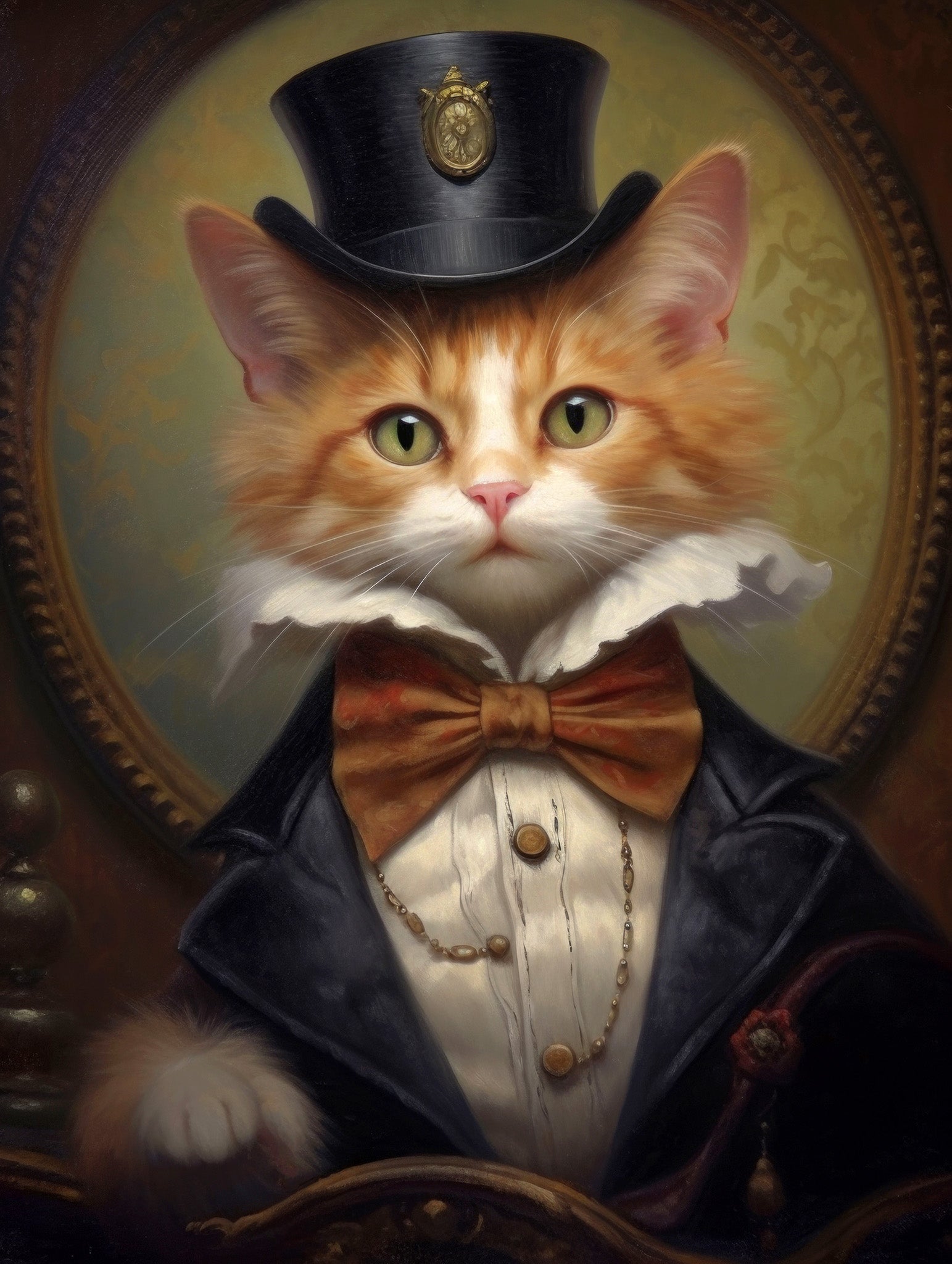 Elegant anthropomorphic cat in a top hat and bow tie, with a gold chain and Victorian attire, exuding sophistication and charm in a refined portrait.