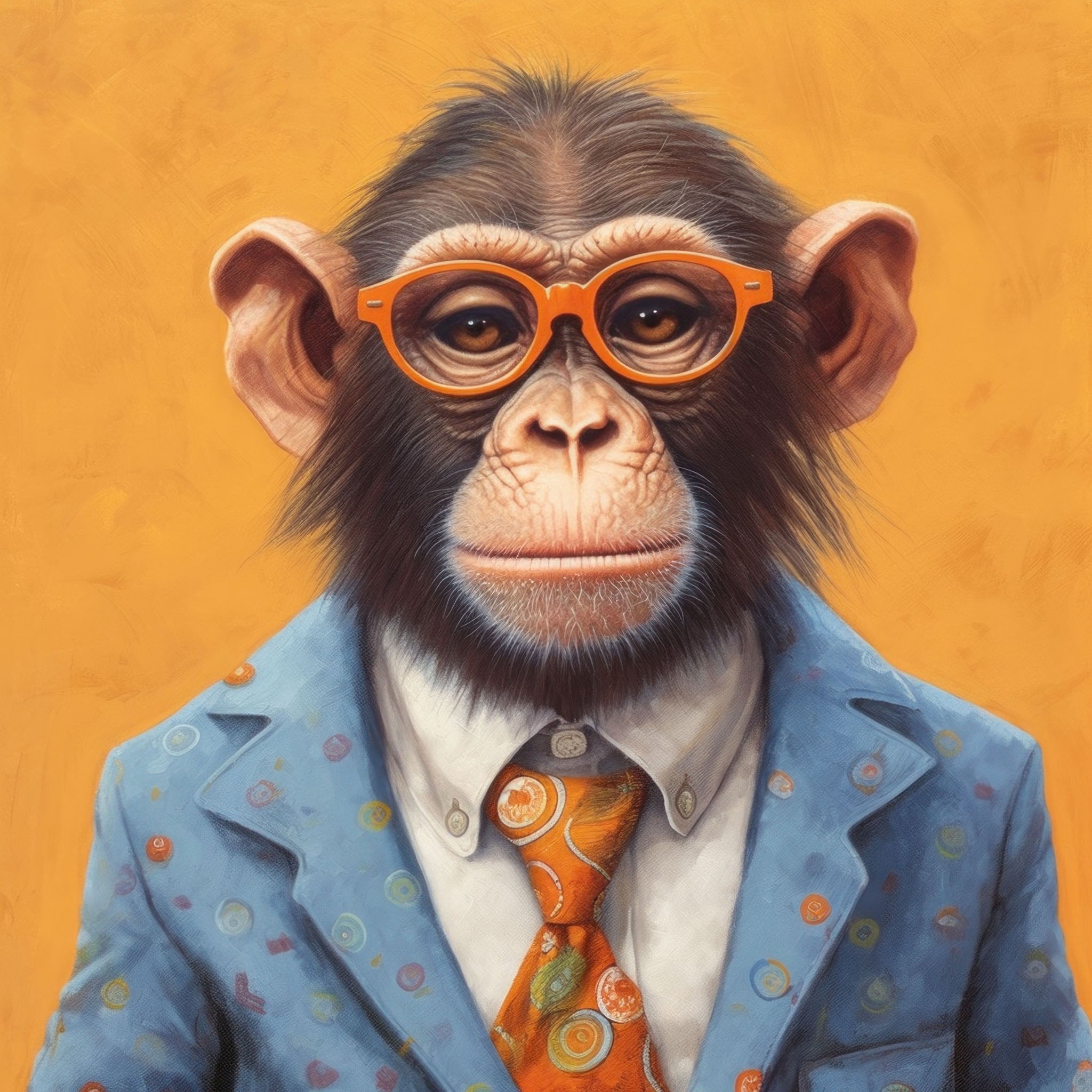 Monkey Business, a whimsical portrait of a chimpanzee in a suit and tie, complete with glasses, set against a colorful background. The artwork captures a playful and humorous anthropomorphic style with a touch of sophistication.