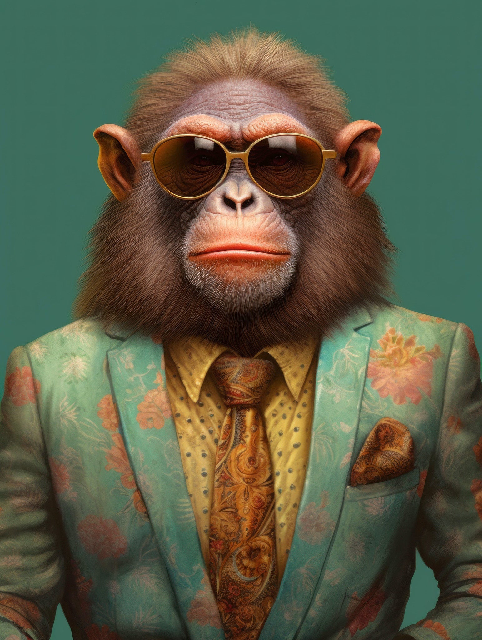 Stylish chimp dressed in a suit and sunglasses, exuding a professional and humorous vibe against a green background.