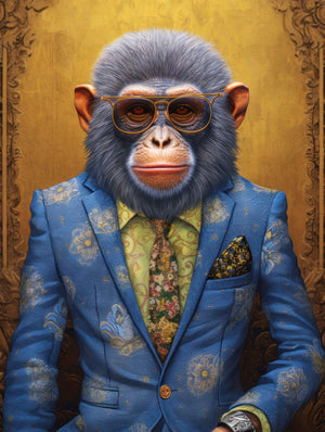 Dapper chimp in a patterned suit and tie with sunglasses, exuding vintage elegance and whimsical charm against a beige and blue background.