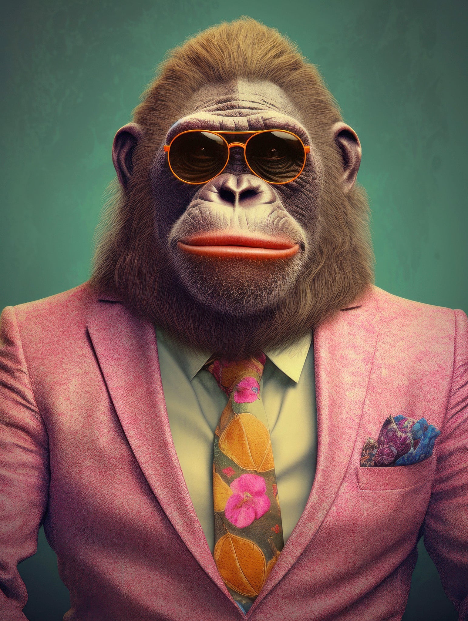 Playful gorilla in a stylish suit and tie with sunglasses, set against a vintage backdrop in vibrant colors, exuding whimsical charm and sophistication.