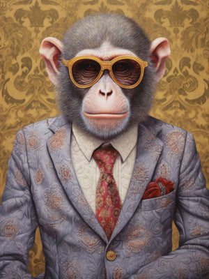 Stylized chimpanzee in a formal suit and tie with sunglasses, set against a detailed background, blending elegance with playful whimsy.