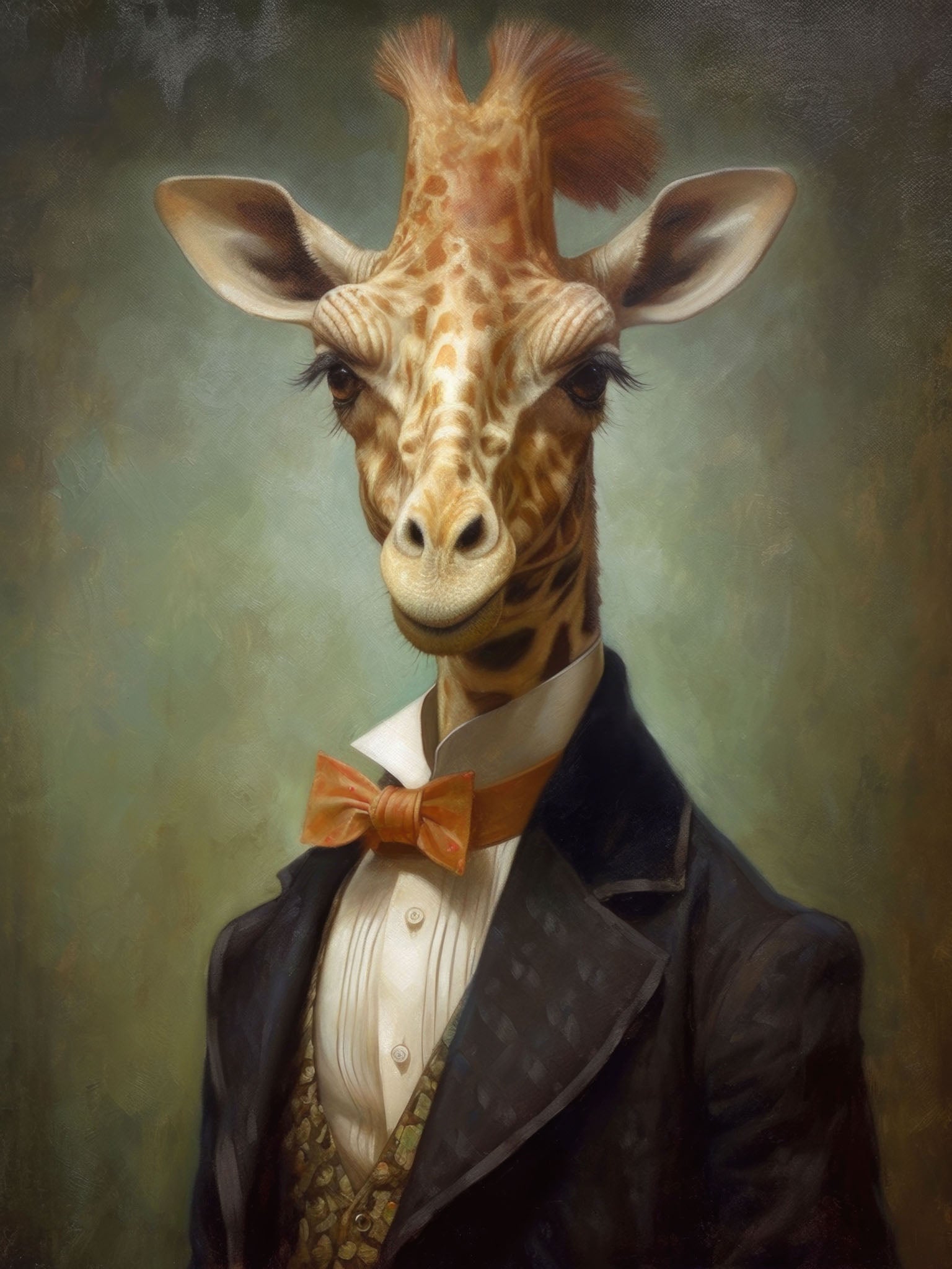 Anthropomorphic giraffe in formalwear with suit and bowtie, depicted in a quirky and sophisticated vintage-style illustration.