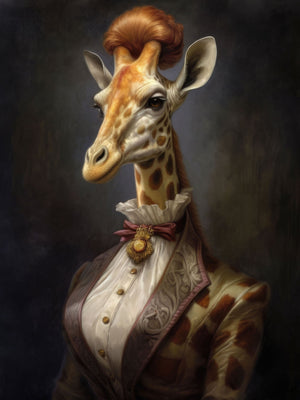 Anthropomorphic giraffe in Victorian cravat with regal brooch, depicted in an elegant and whimsical digital art style.