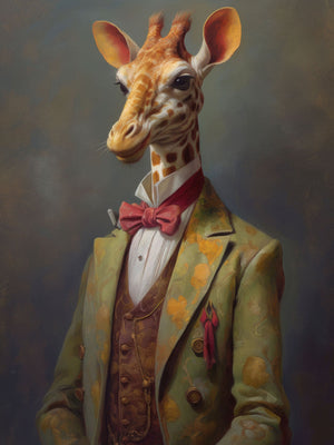 Anthropomorphic giraffe in a red bow tie and elegant suit, featuring a whimsical and artistic style with vintage and surreal elements.