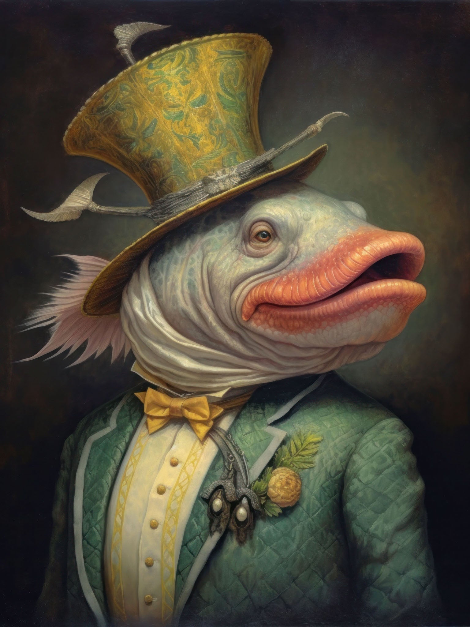 Anthropomorphic fish in a top hat and waistcoat, featuring a whimsical and elegant style with vintage and surreal elements.