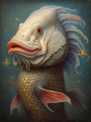 Surreal anthropomorphic fish with vibrant scales and whimsical features, set against a starry, aquatic background with a mix of retro and vintage elements.