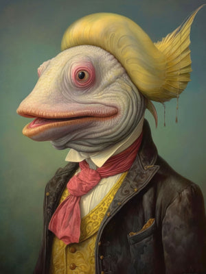 Seaweed depicts an anthropomorphic fish in a surreal, vintage style, dressed in a cravat, jacket, and vest. The artwork blends whimsical and humorous elements with classic elegance, featuring unique scales and gills against a backdrop of vibrant colors. This piece captures a fantastical aquatic character with a touch of retro charm.