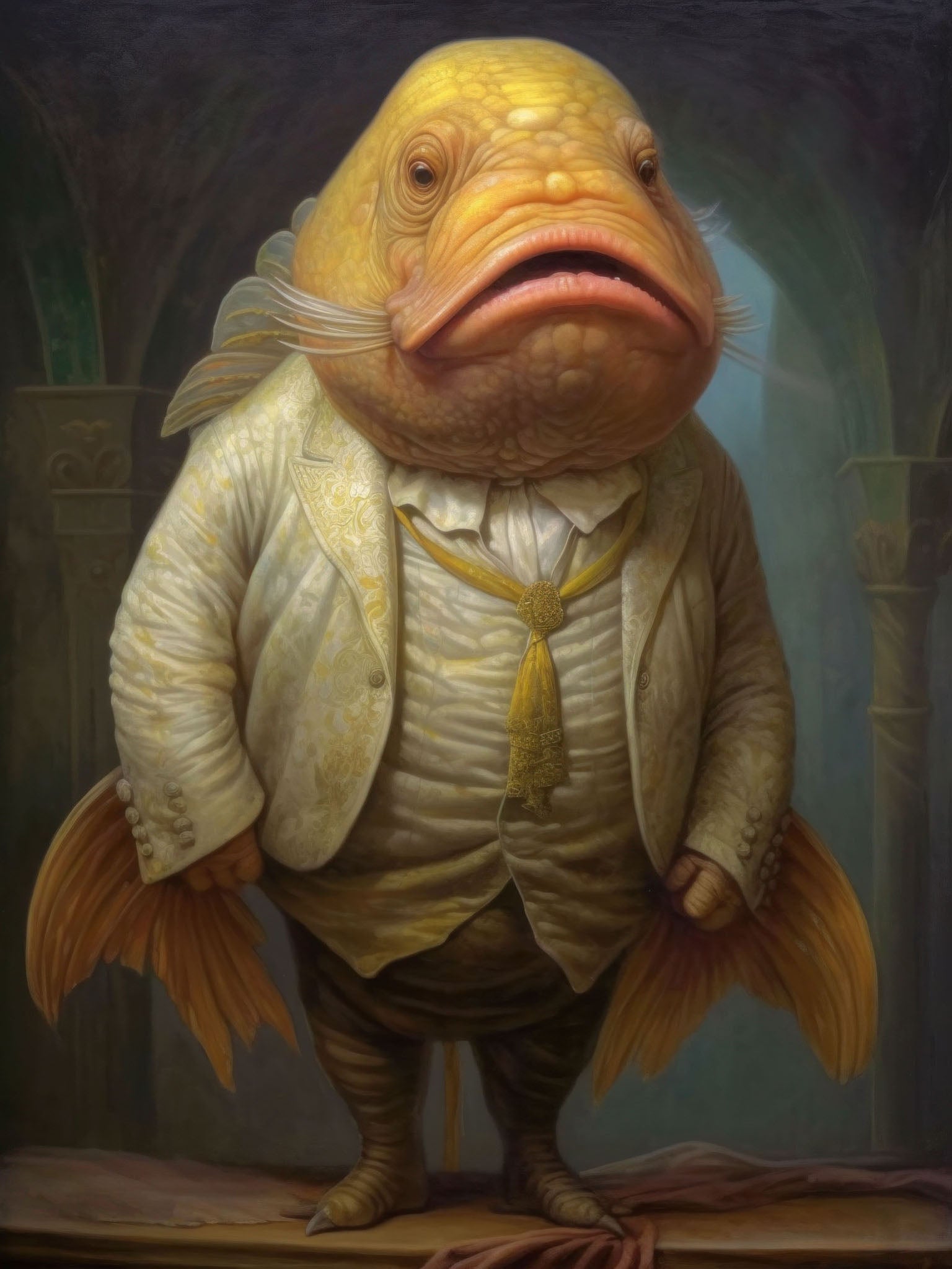 Anthropomorphic fish in formalwear with a suit and tassels, set against a whimsical, vintage-inspired background, featuring detailed, imaginative design.