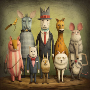 Strange Animal Critterz Portrait featuring a group of anthropomorphic animals in quirky fantasy attire, including dogs, cats, and birds. The colorful, cartoon-style illustration showcases the whimsical and imaginative nature of these hybrid characters.