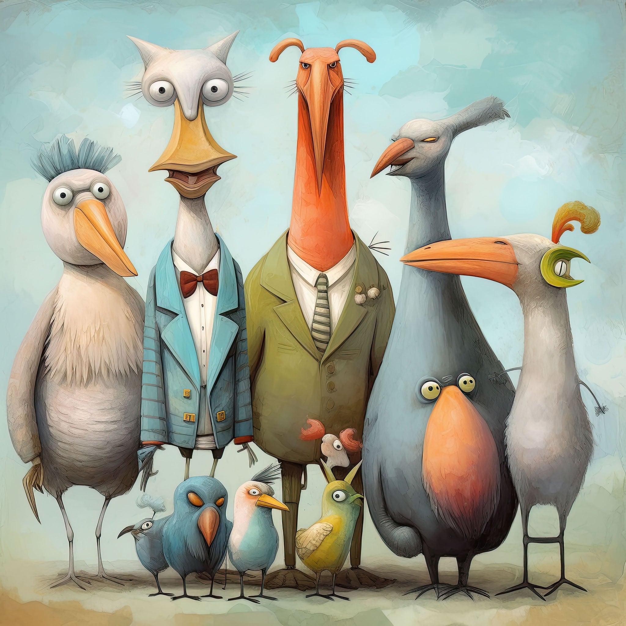 Whimsical anthropomorphic birds in colorful dapper attire, illustrated in a quirky and imaginative style.