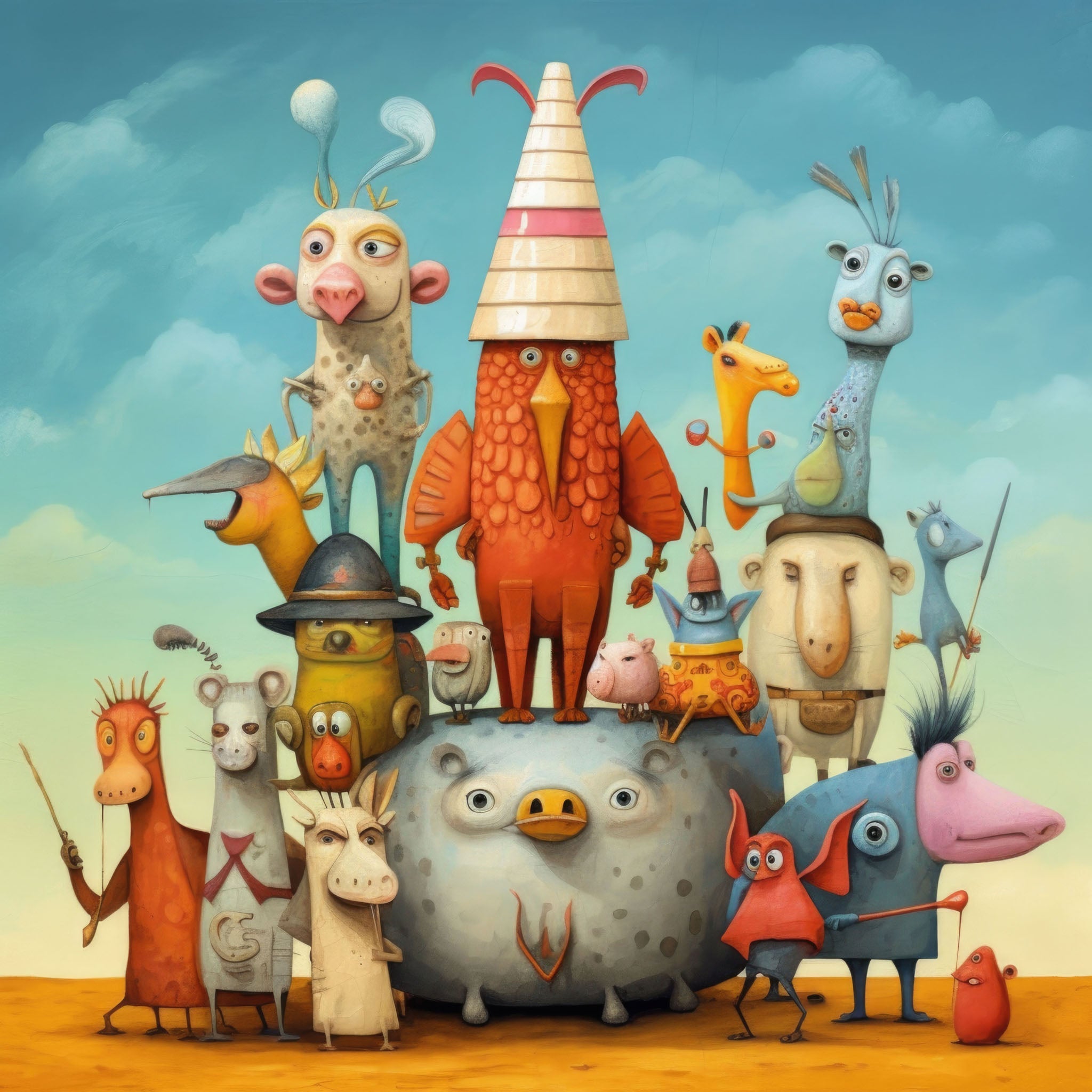 Whacky Animal Family illustration featuring colorful, anthropomorphic creatures in a surreal, joyful, and whimsical scene.