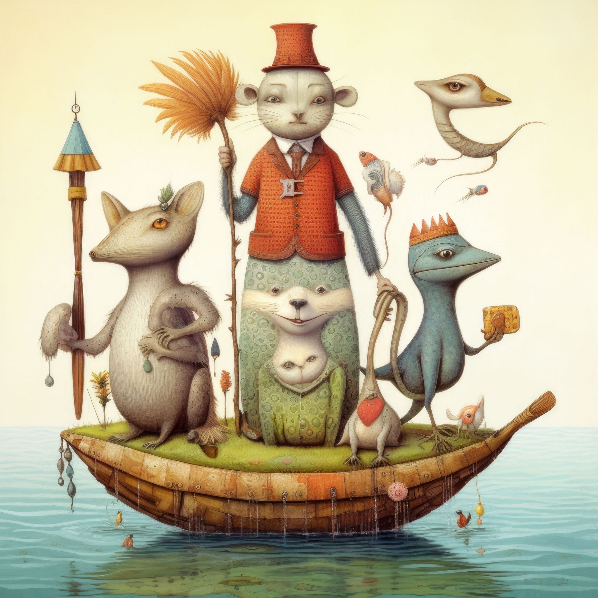 Whimsical illustration of a family of anthropomorphic animals dressed up on a boat, featuring a mouse, cat, fox, and fish in a playful, storytelling scene.