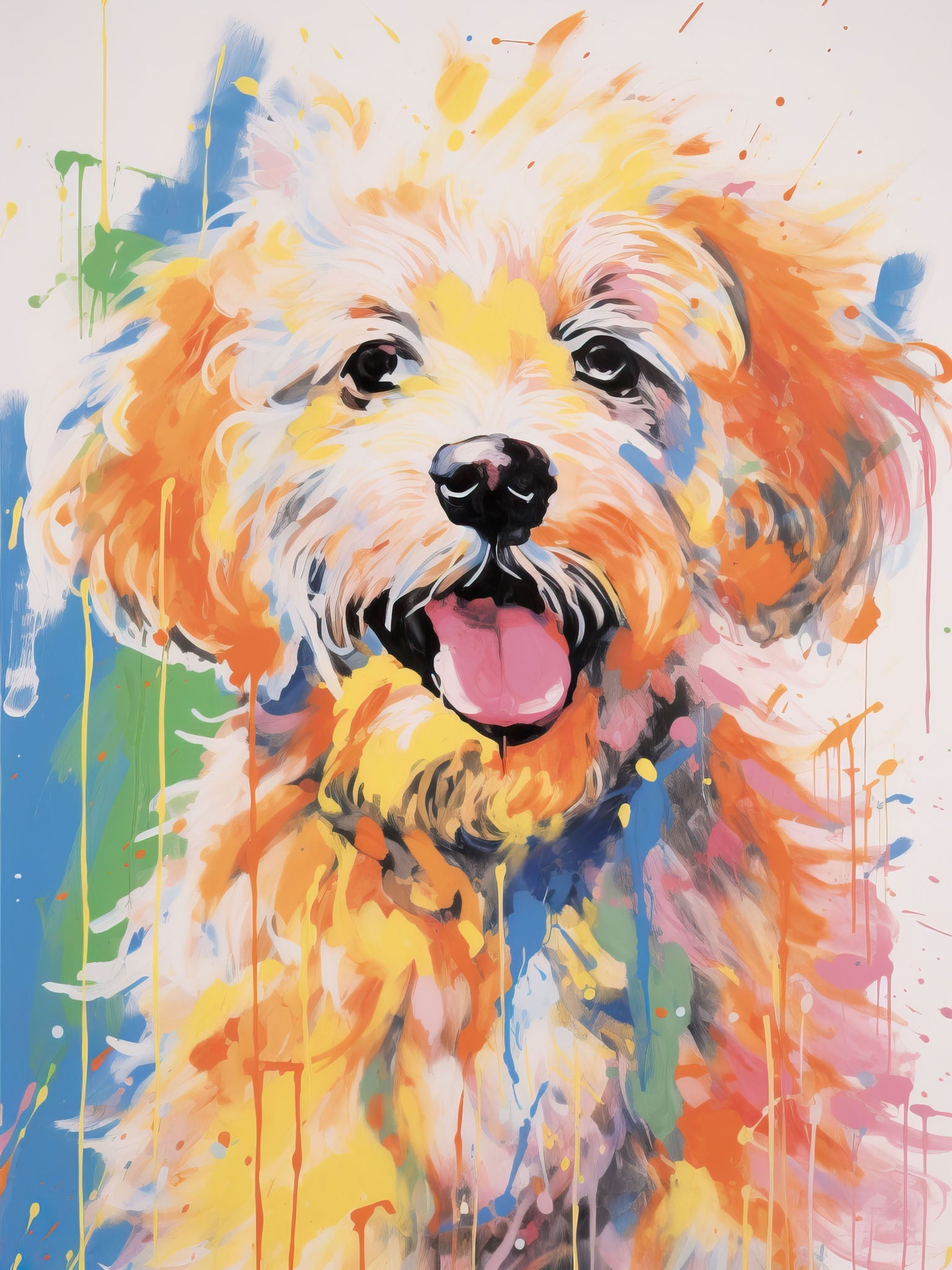 Abstract portrait of a joyful golden retriever with vibrant paint splashes, energetic brush strokes, and a playful expression.