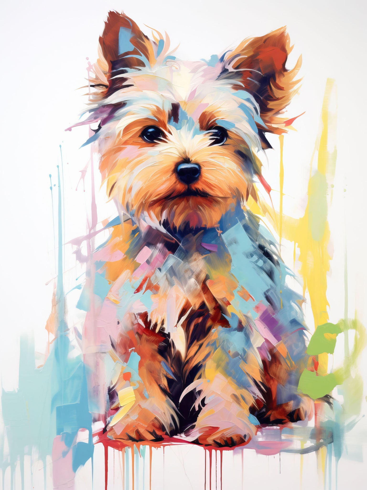 Vibrant abstract portrait of a Yorkie Terrier with expressive brushwork and colorful splashes of paint.