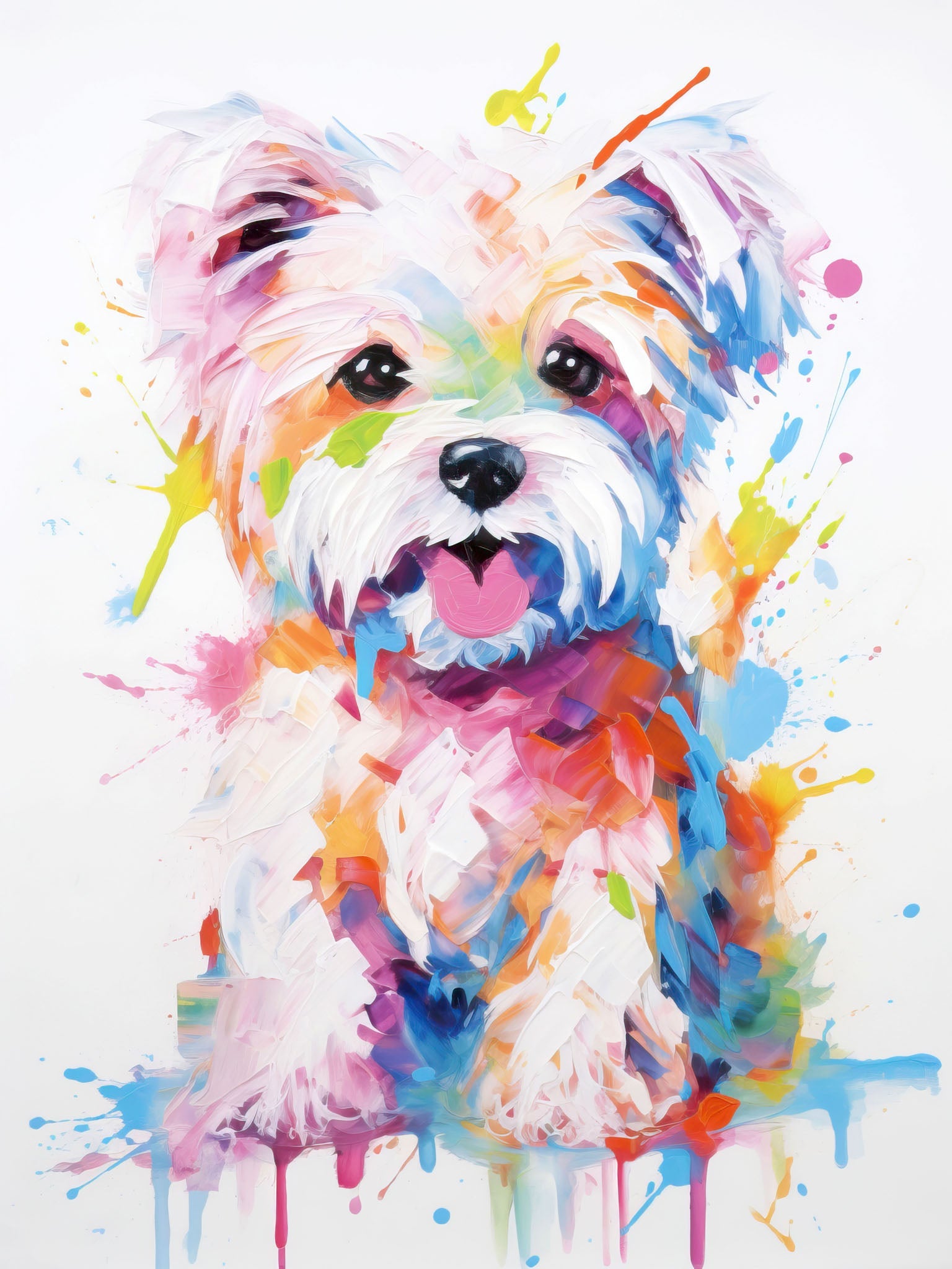 Vibrant abstract portrait of a Maltese with colorful brushstrokes and joyful splashes of paint.