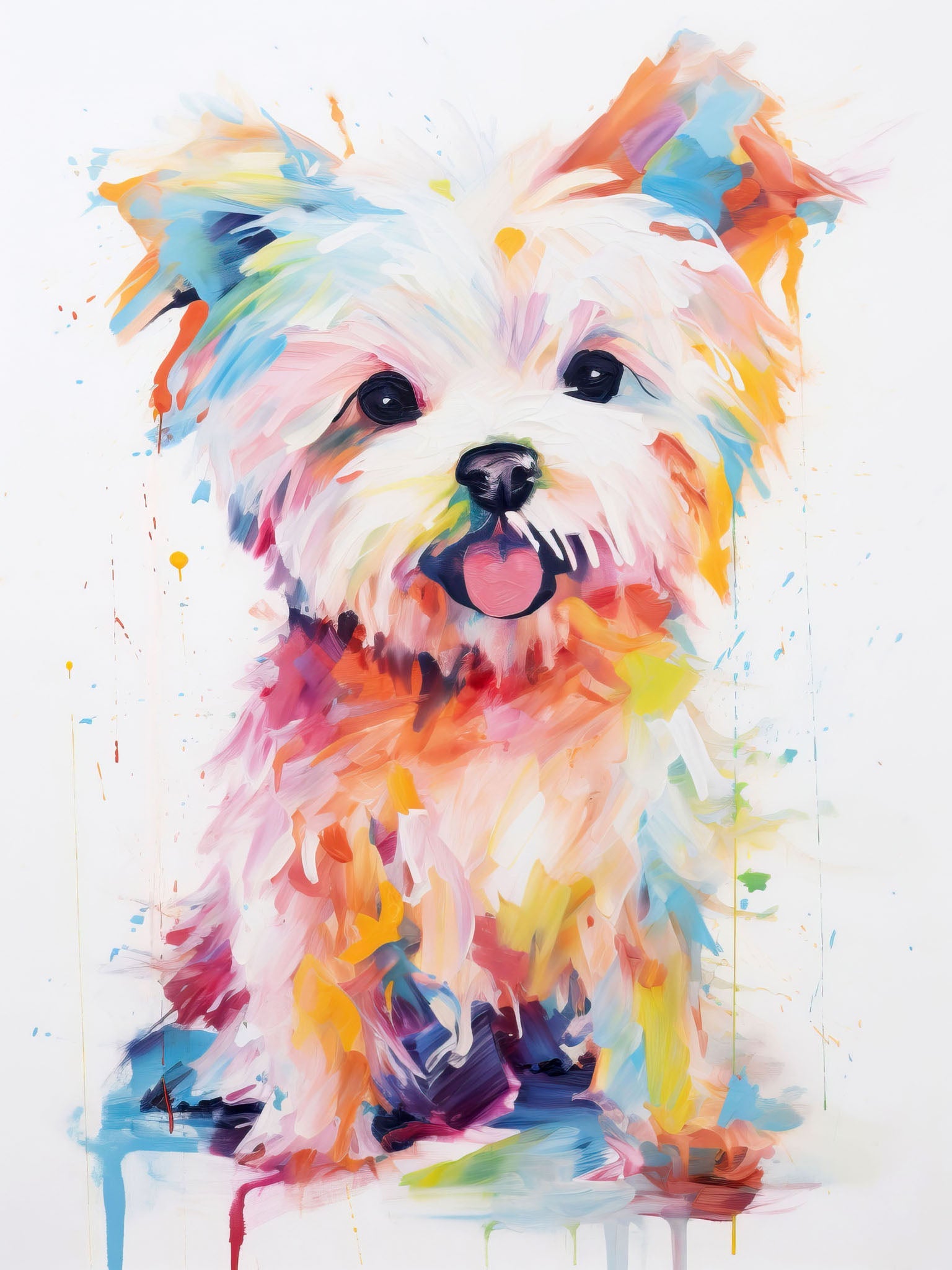 Bold and colorful portrait of a Maltese dog with vibrant hues and joyful splashes of paint.