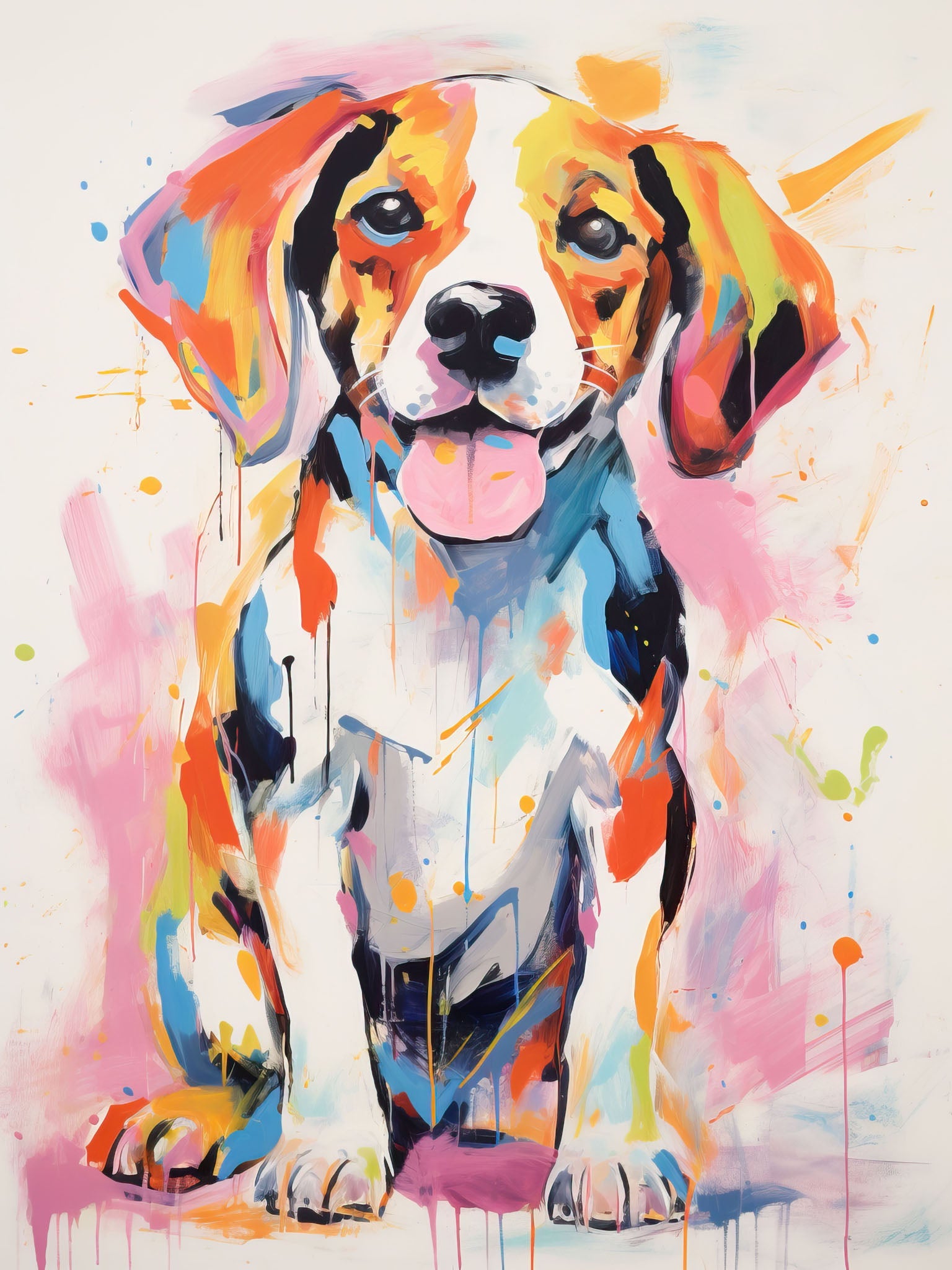 Colorful portrait of a beagle puppy with vibrant hues, joyful expression, and playful paint splashes.